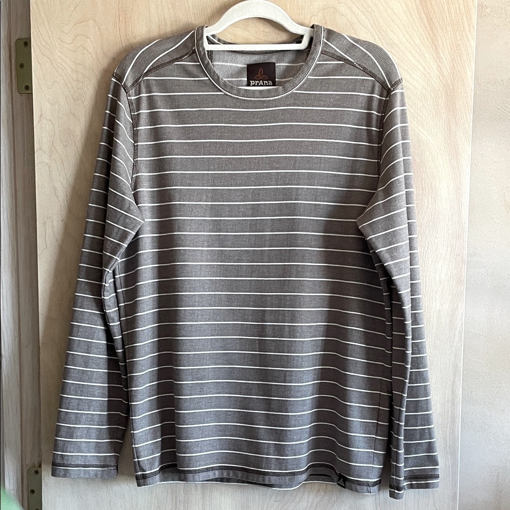 PRANA Keller Organic Cotton Shirt Men’s M Brown/Striped Long Sleeve Crewneck